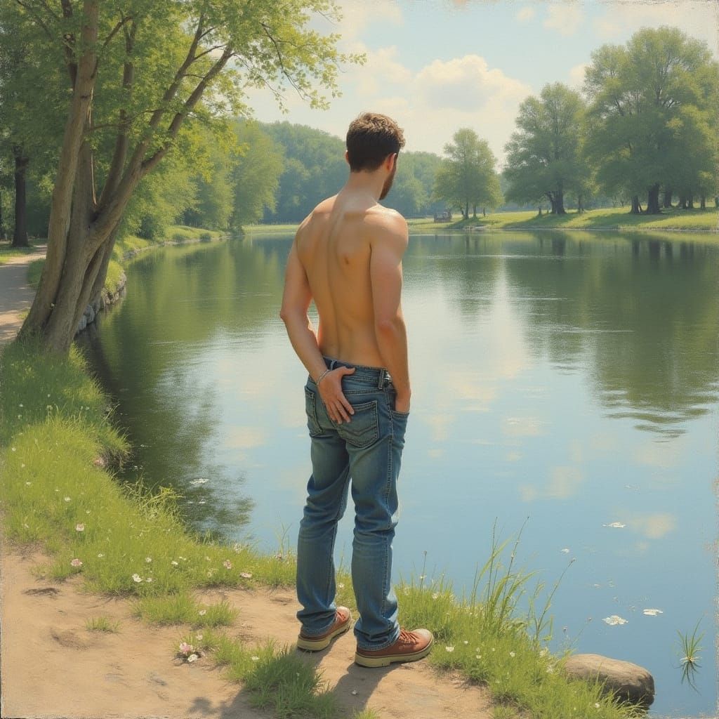 Man Urinating by Lake in Impressionist Style