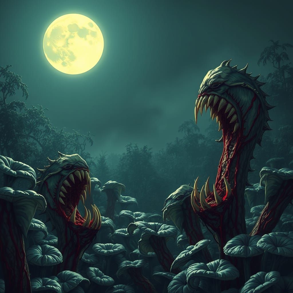 Terrifying Man-Eating Plants Garden Under Full Moon