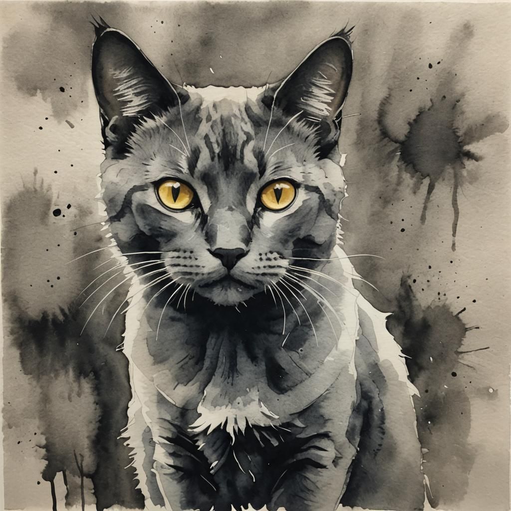 Ink Wash Cat with Block Colors