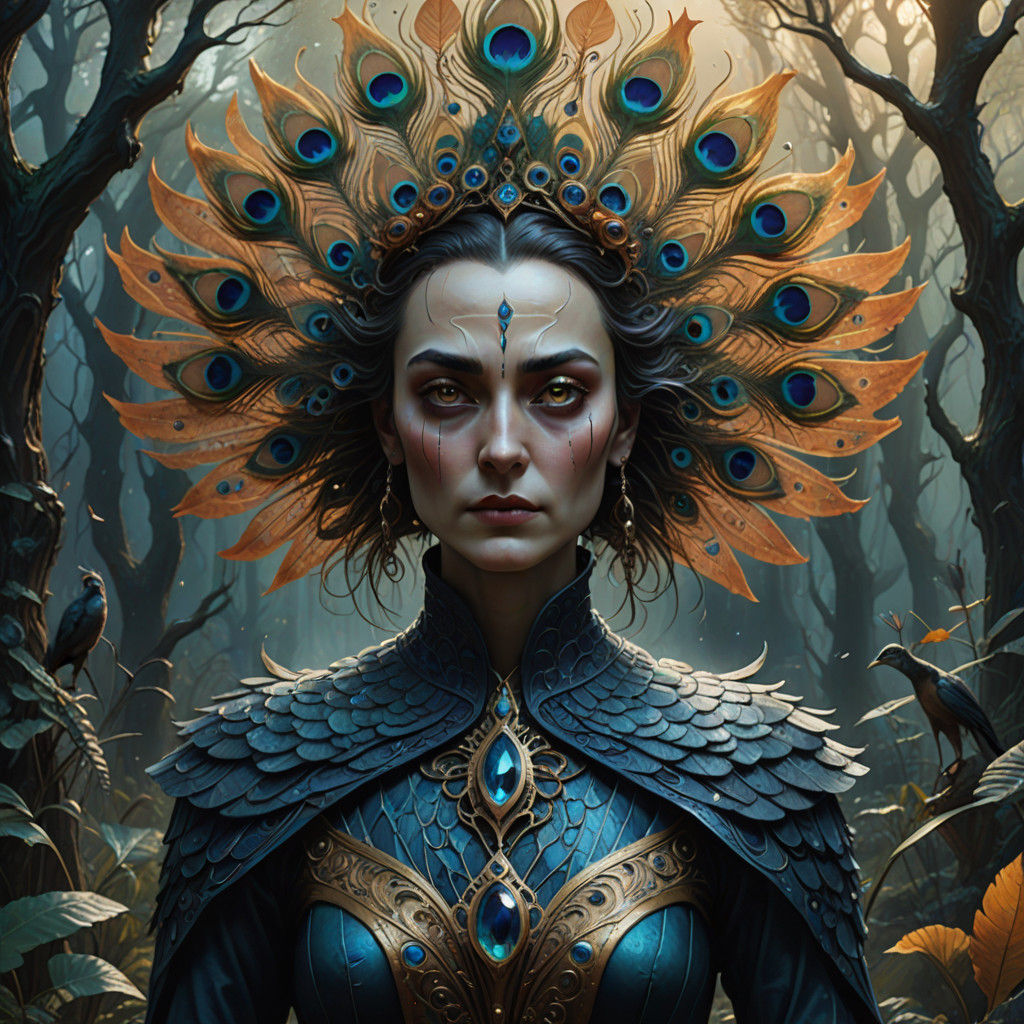 Surrealistic Watercolor Portrait of a Peacock Woman in a Mys...