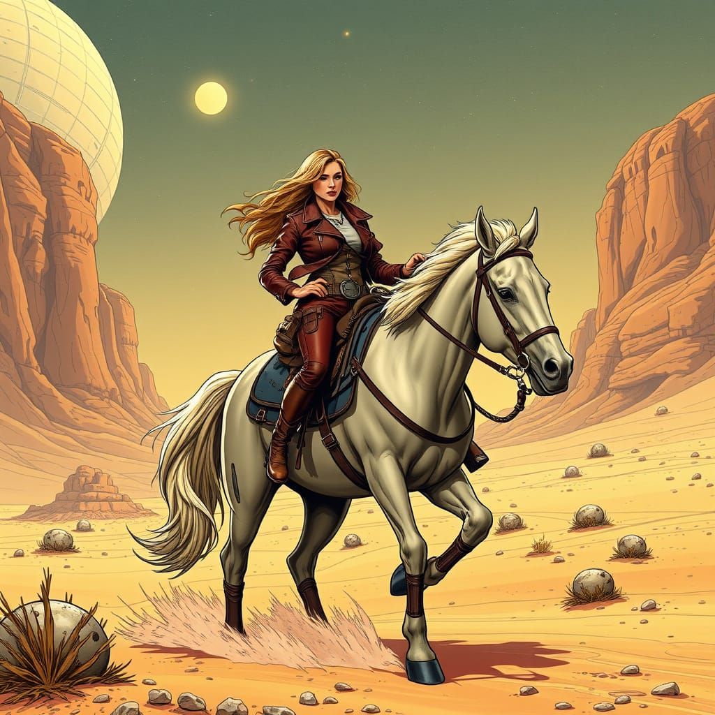 Space Cowgirl Rides Across Desert Planet in Comic Style