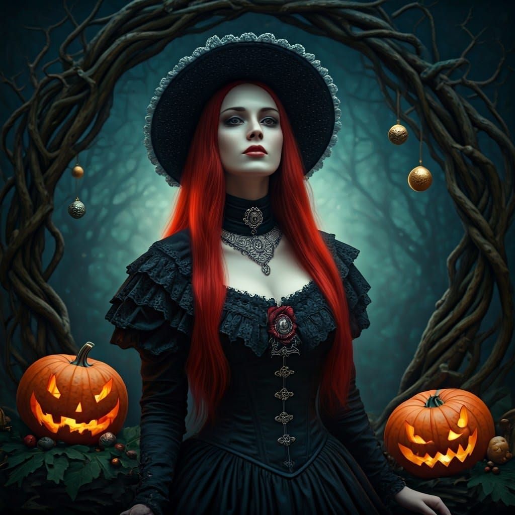 Mysterious Woman in Mystical Forest with Gothic Flair