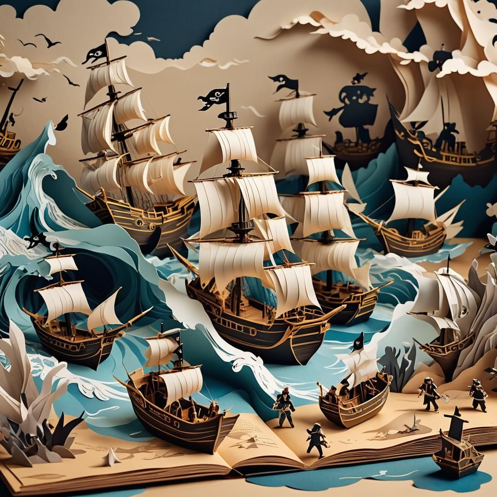 Pirate Story Pop-Up Book in Origami Papercraft Style