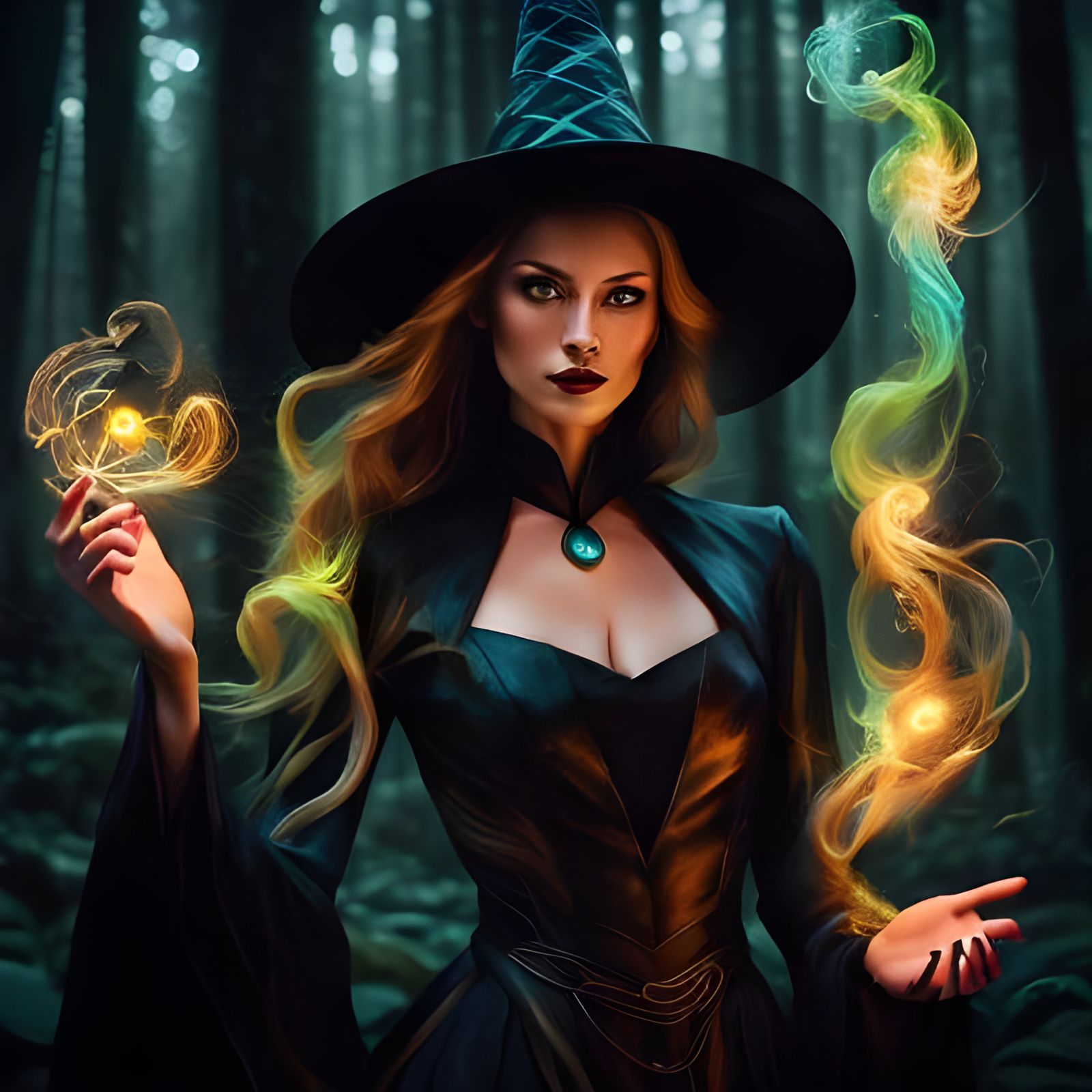 Fitness influencer "Pamela Reif" dressed as an enchanting witch in a a black and red leather robe witch costume, surroun...