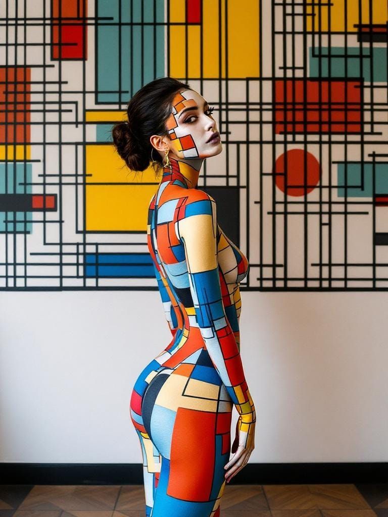 Geometric Illusion: Woman Merging with Vibrant Wall Art