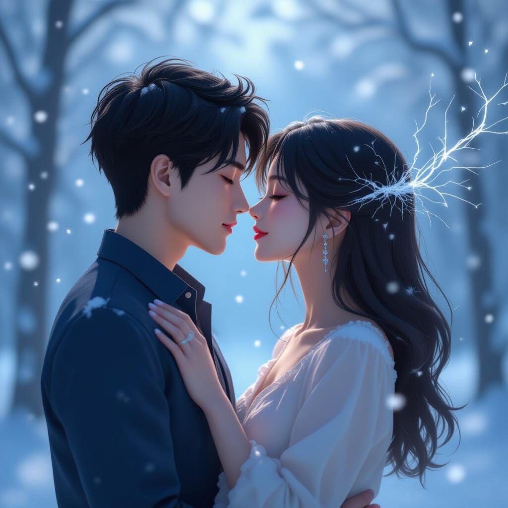 Couple's Phantom Kiss in Surreal 3D Anime Style