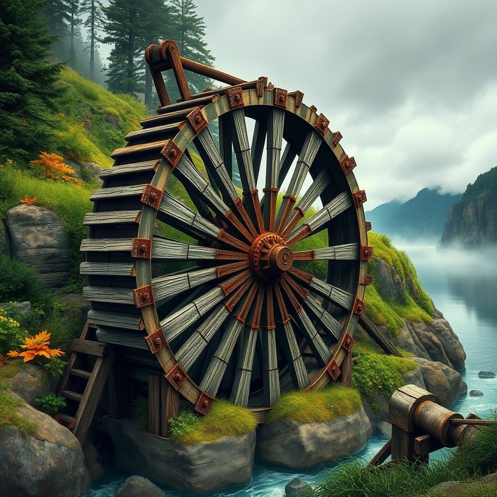 Weathered Fishwheel in Columbia River Gorge Landscape