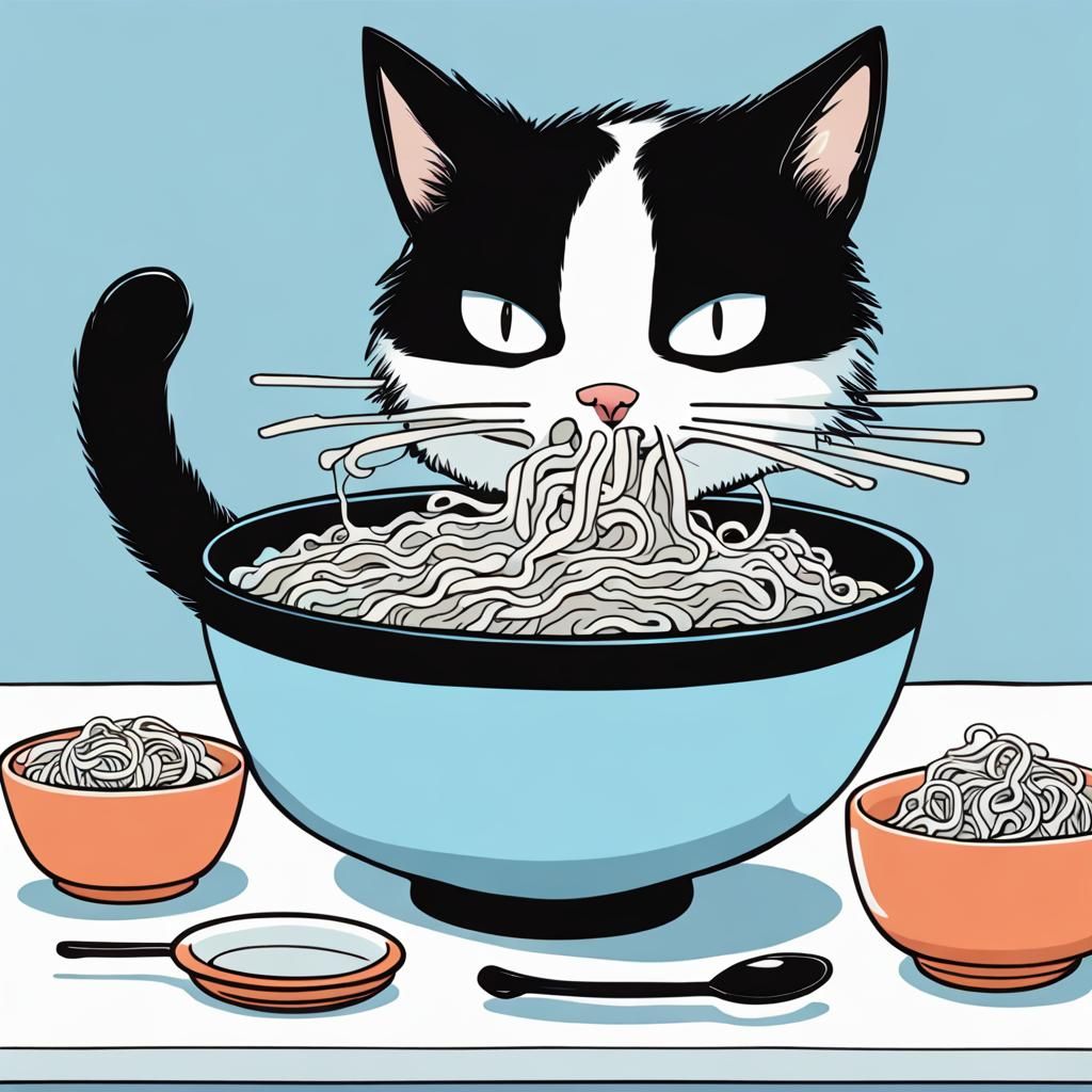 Cat Enjoying Ramen Noodles on Blue Tablecloth