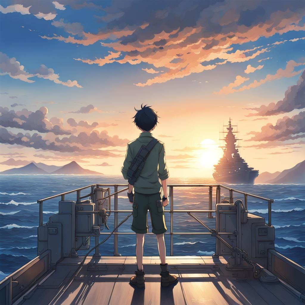 Anime Style Battleship at Sunrise with Boy