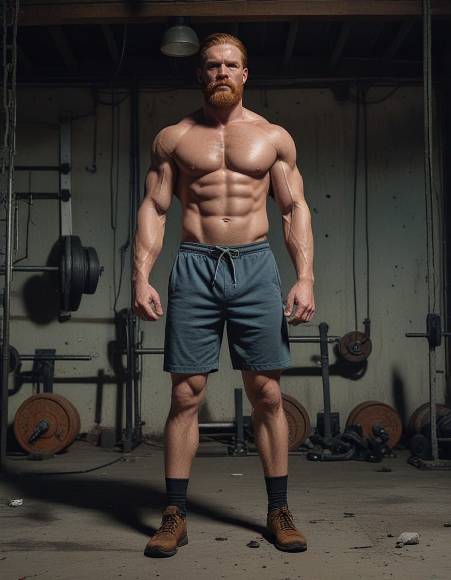Hyper-Realistic Gym Underwear Model in Dimly Lit Setting