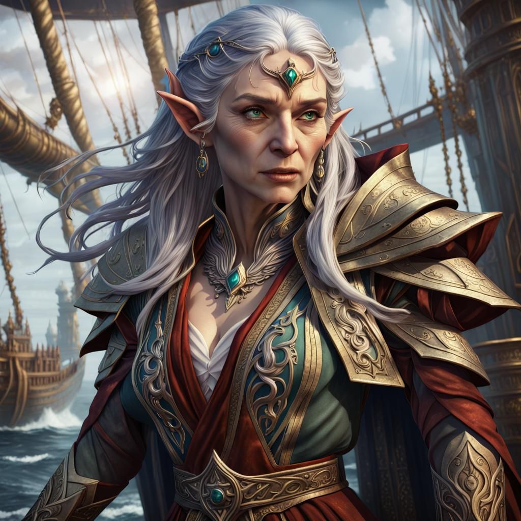 Silver-Haired Elf Scholar on Ship: Fantasy Art
