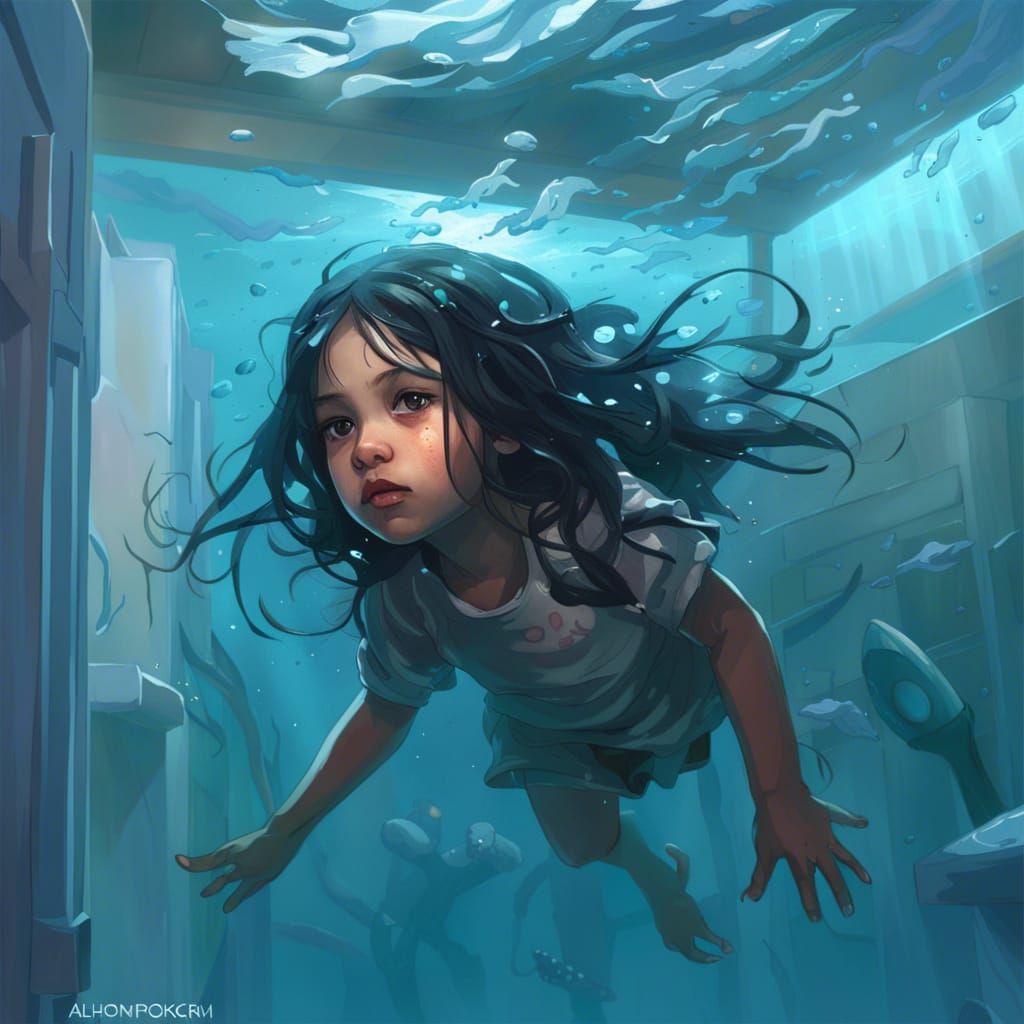 Underwater Toddler in Flooded Hospital: Hyperdetailed Concep...