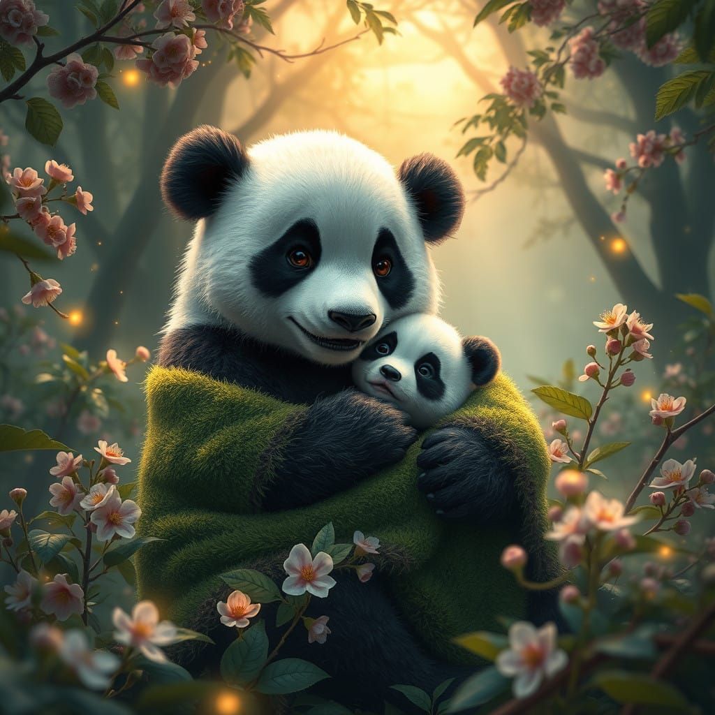 Enchanting Panda and Baby Amidst Whimsical Forest