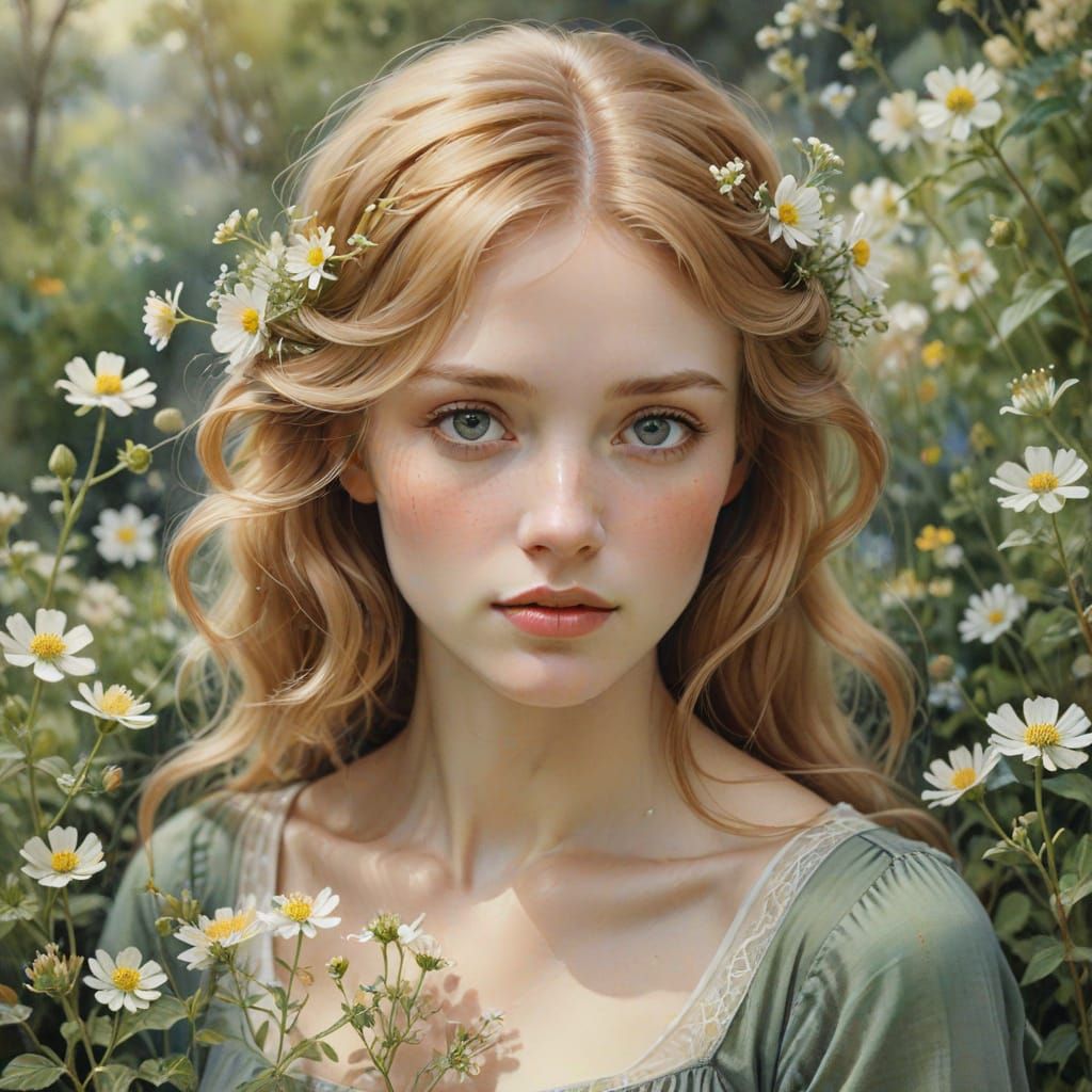 Romantic Portrait of Woman with Wildflowers in Pre-Raphaelit...