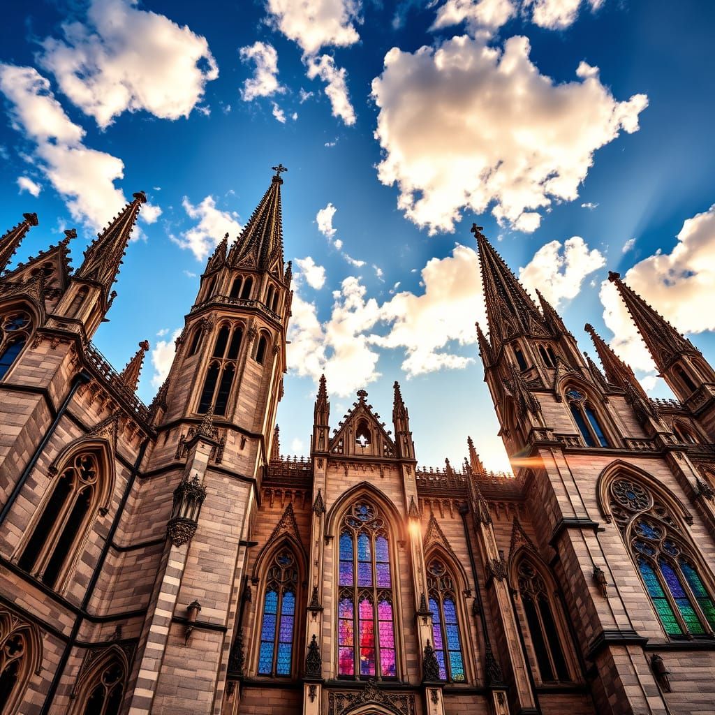 Majestic spires stand tall against drifting clouds.