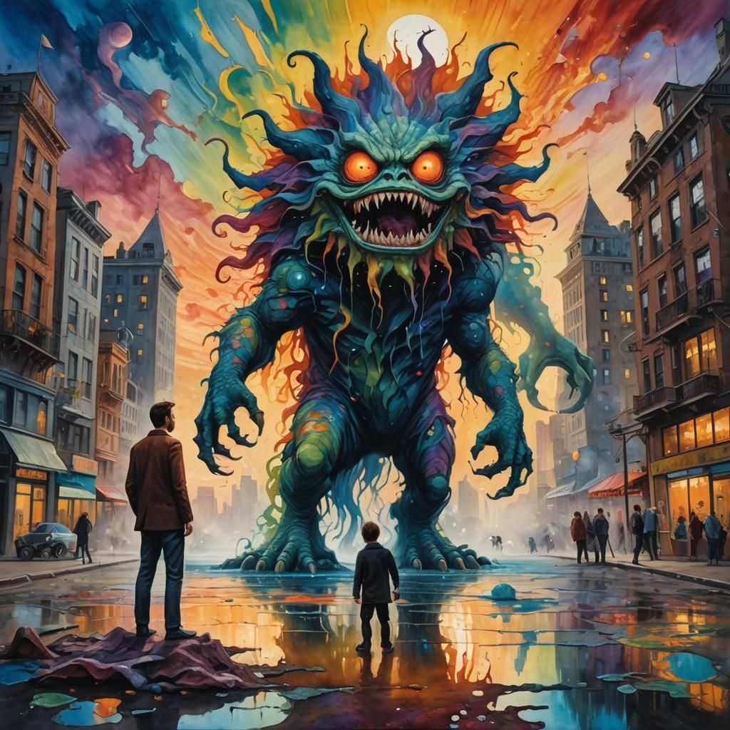 Monster Photobomb in Surreal Oil Painting Style
