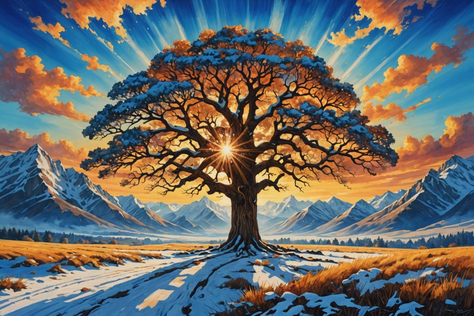 Oak Tree and Mountains in Oil, Watercolor and Ink