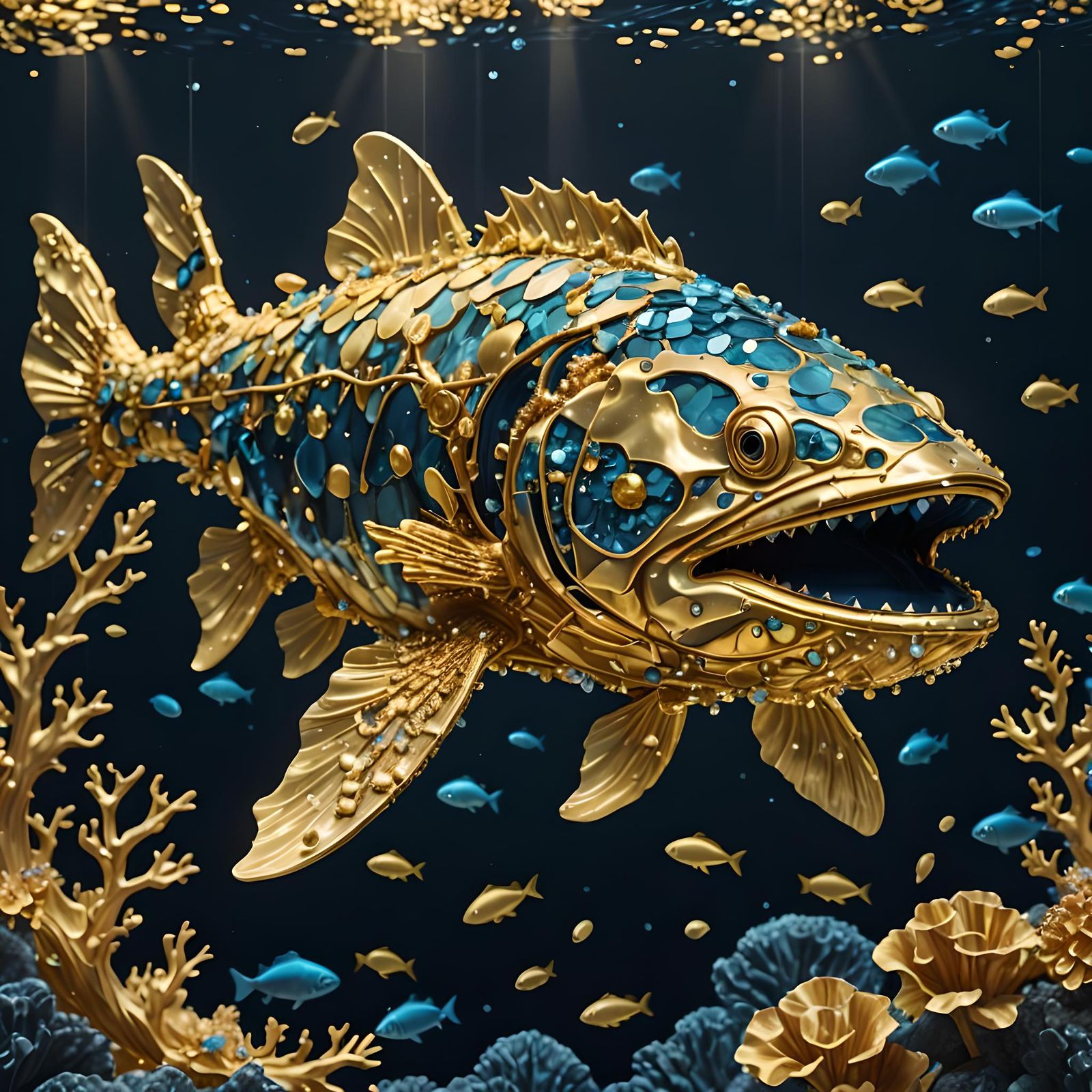 Golden Jewel Coelacanth in Bioluminescent Ocean
