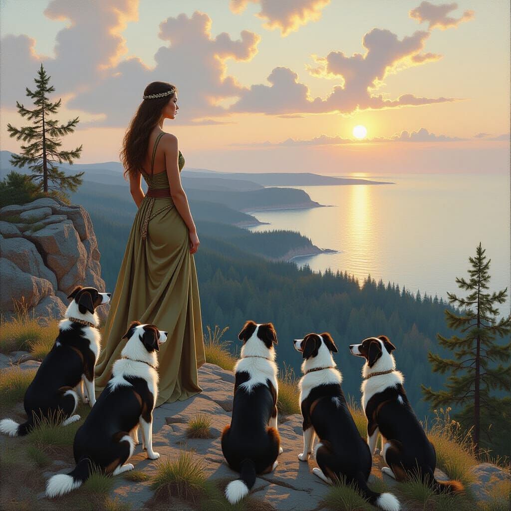 Goddess Skadi and Hunting Hounds, as Oil Painting