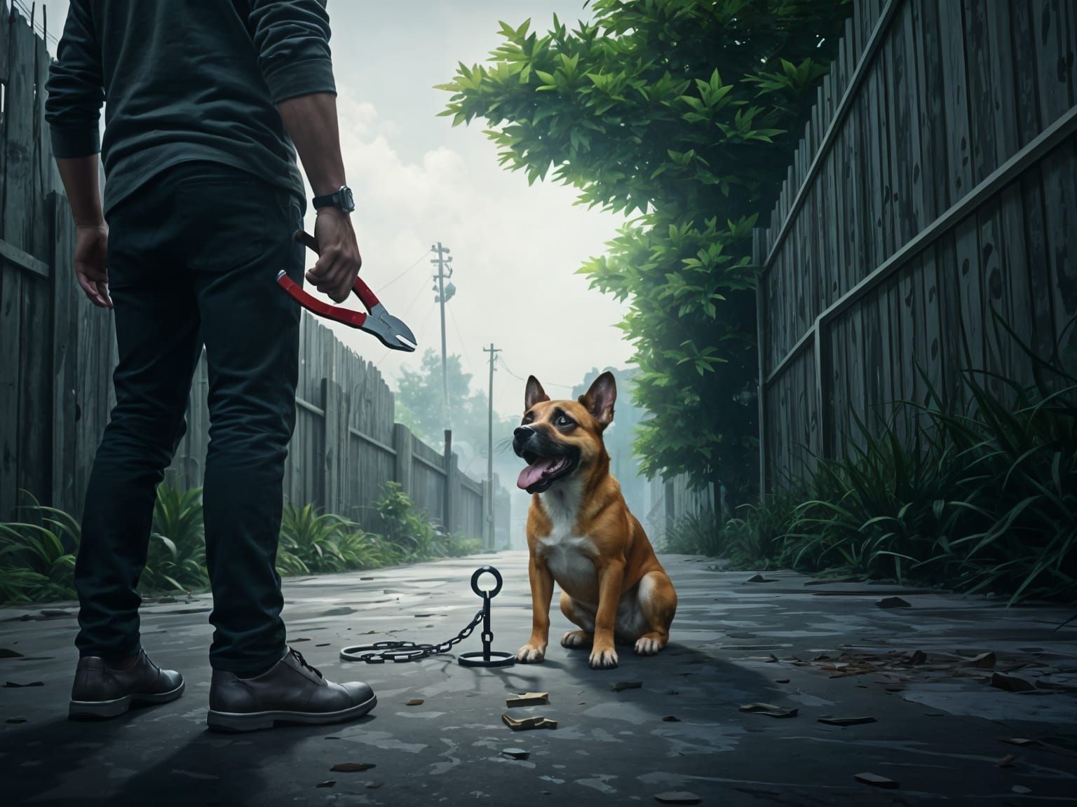 Man Watching Dog Escape Yard With Bolt Cutters