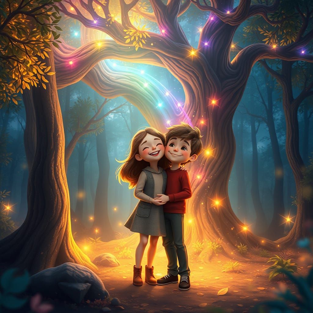 Whimsical Forest Scene with Rainbow Tree and Happy Children