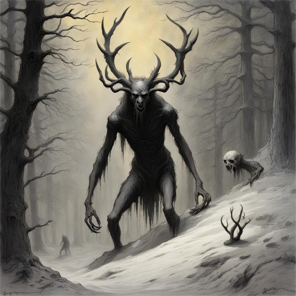Terrifying Wendigo in Gothic Horror Style