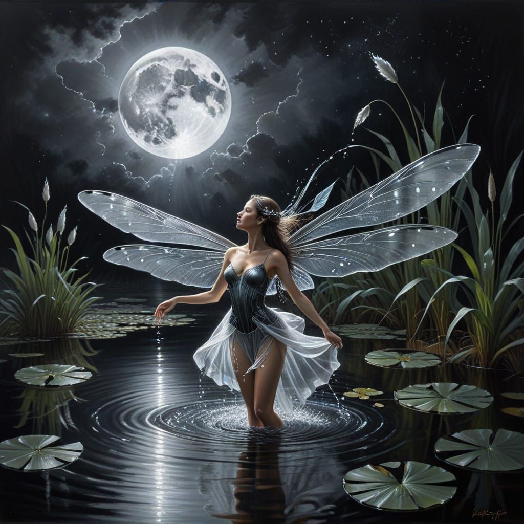 Graceful Water Fairy Dances in Moonlit Charcoal Art
