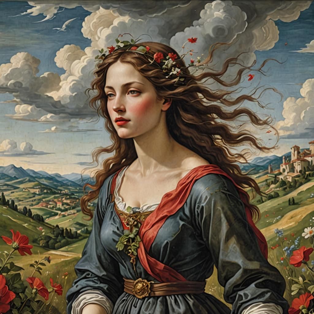 Renaissance Woman with Wind God in Valley