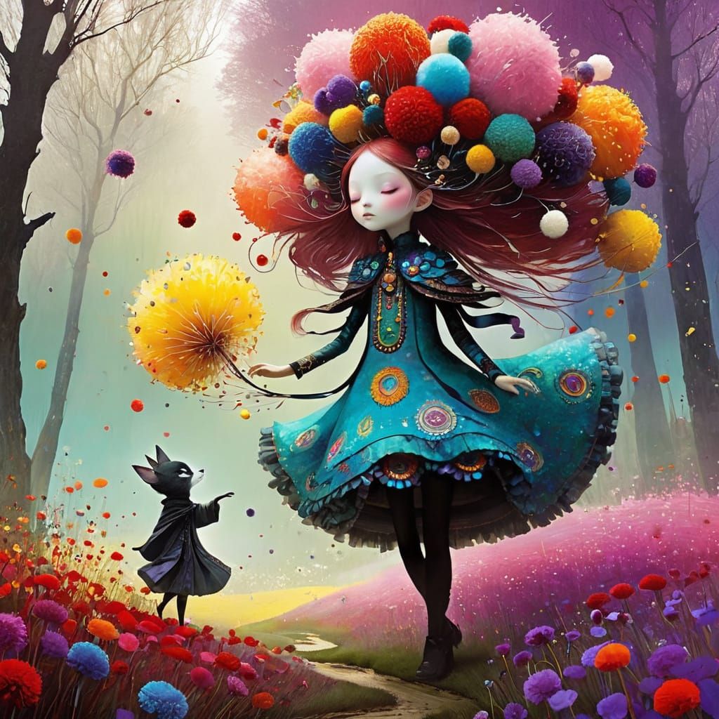 Pom Pom Creature in a Pom Pom Flower Field