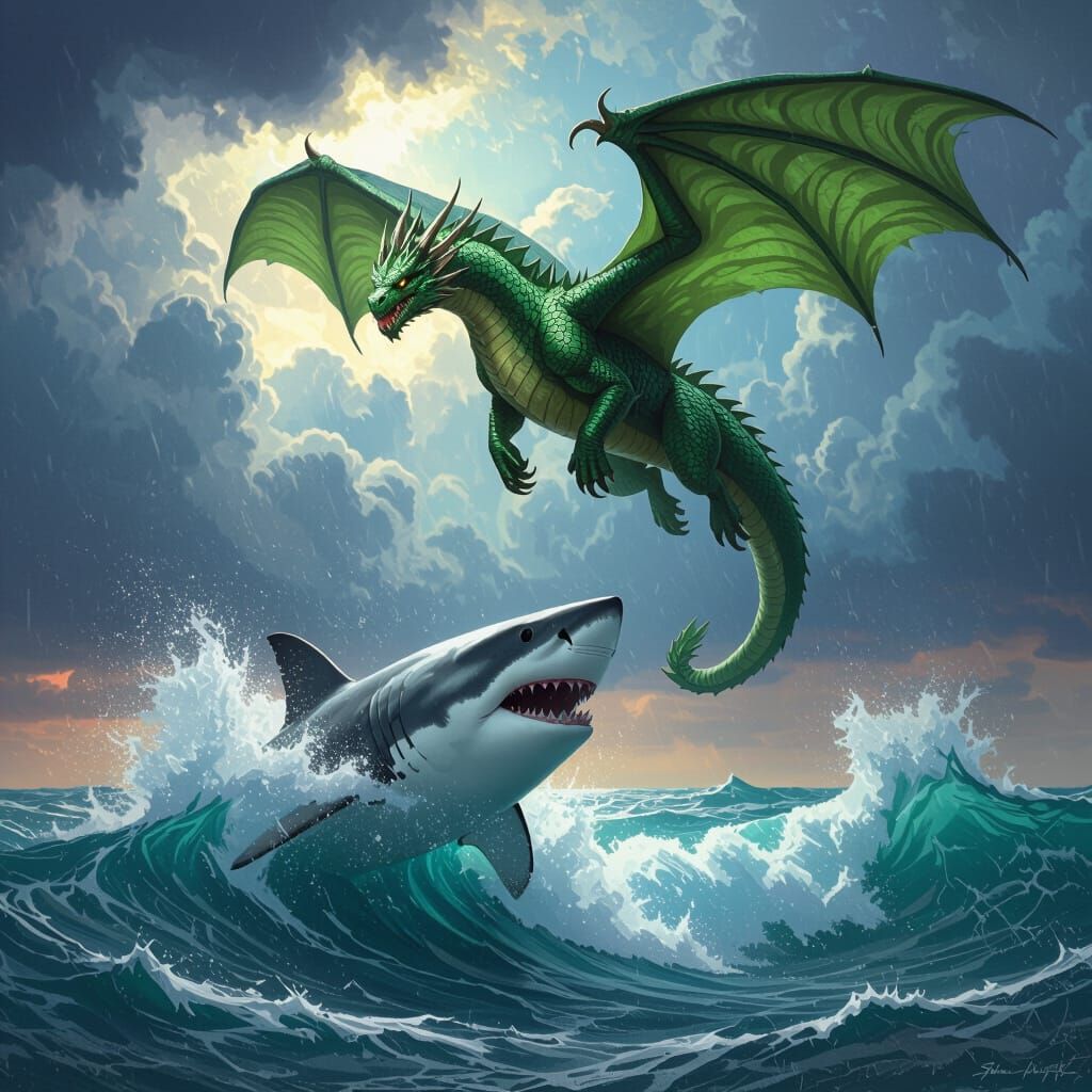 Dragon Soars Over Shark in Dramatic Fantasy Art