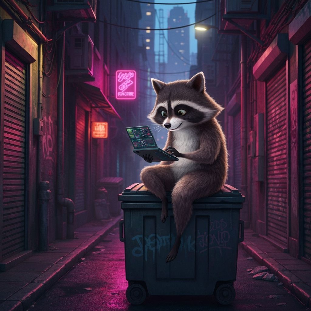 Raccoon Hacker in Cat Suit, Matte Painting Style