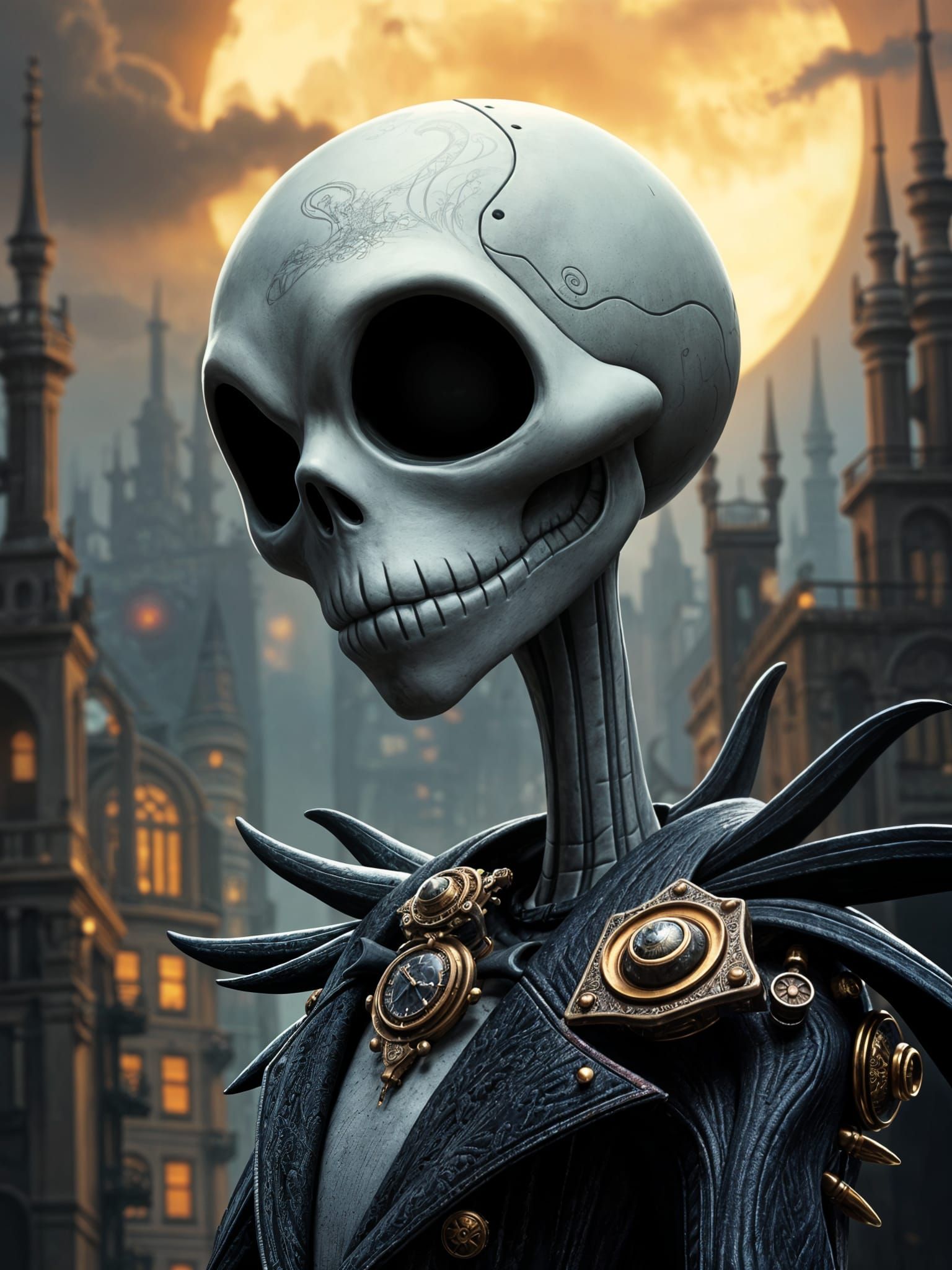 Steampunk Jack Skellington Portrait in Detailed Cityscape