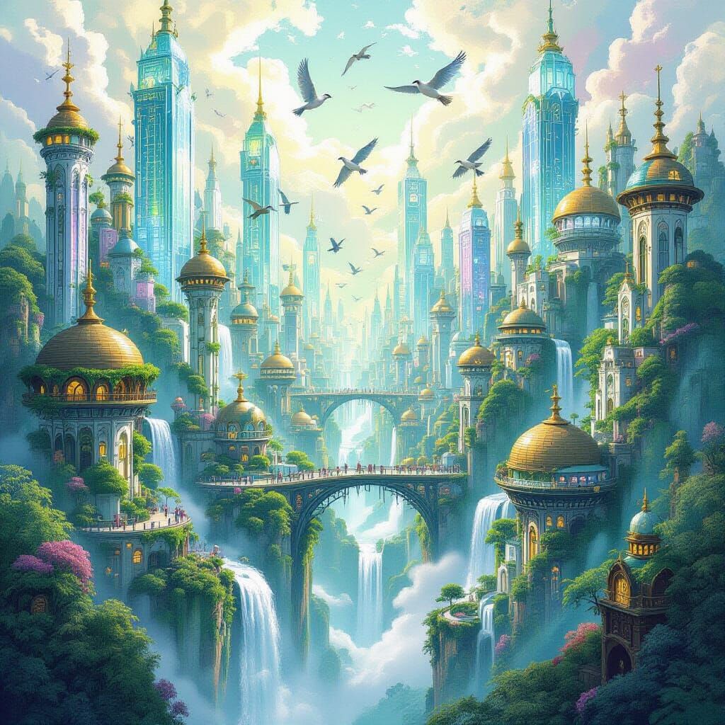 Fantastical Avian Metropolis with Crystalline Towers