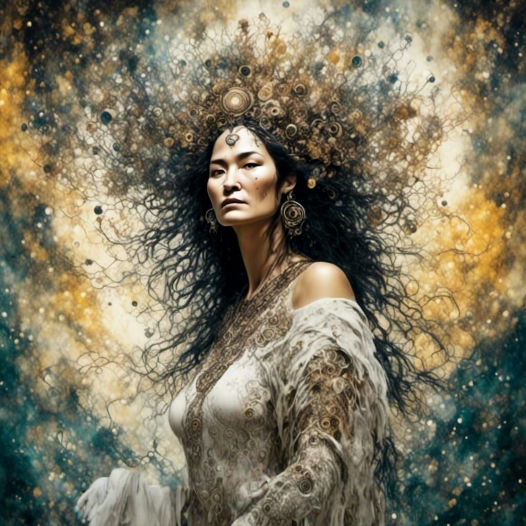 <lora:IndigenousWoman:1.0> <lora:Graffiti Doom:1.0> <lora:Hexen Hollow:1.0> A woman raises a smudge stick to the sun