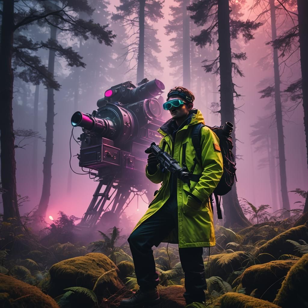 Hunter Gazing at Giant Phonograph in Neon Forest