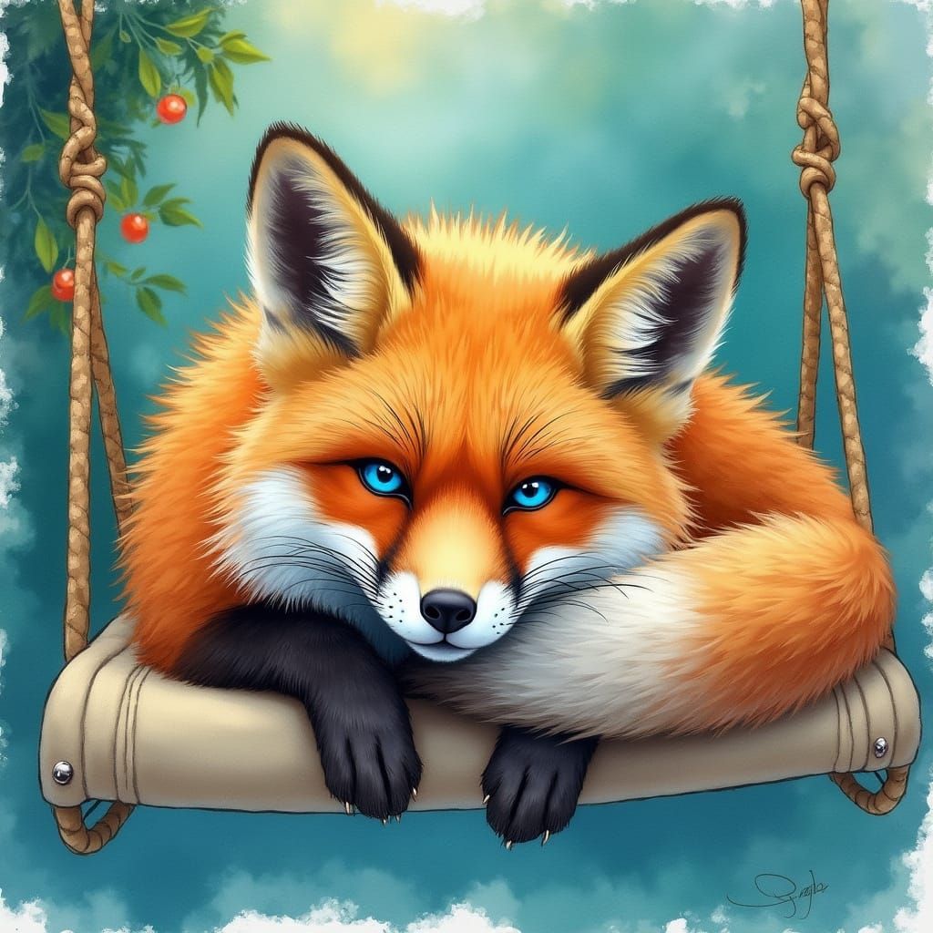 Fox on Swing in Alcohol Ink Watercolor Style