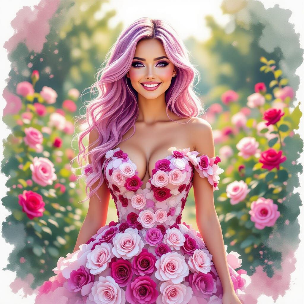 Woman in Rose Dress in Garden, Alcohol Ink Style