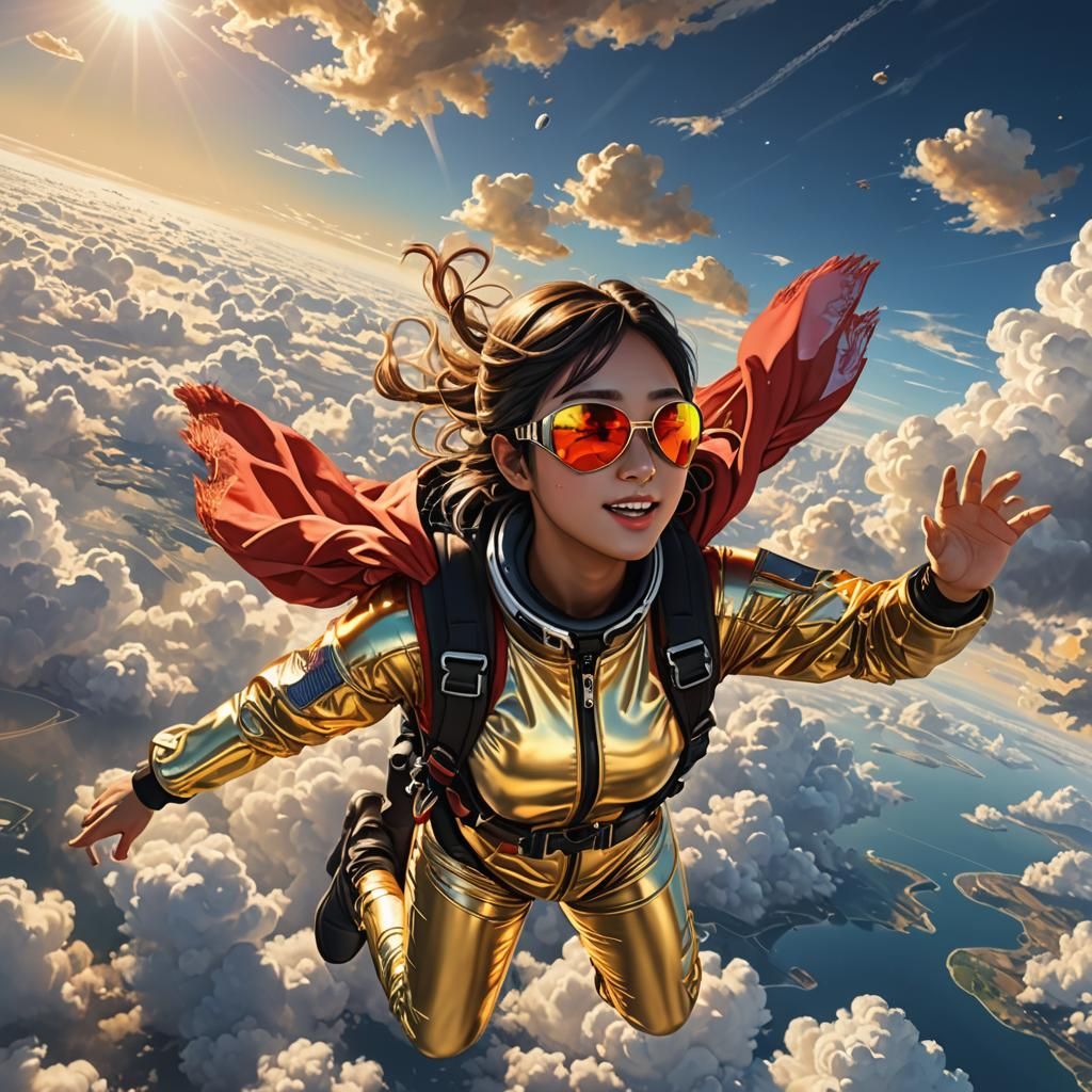 Anime Skydiver in Cosmic Aurora, Digital Art