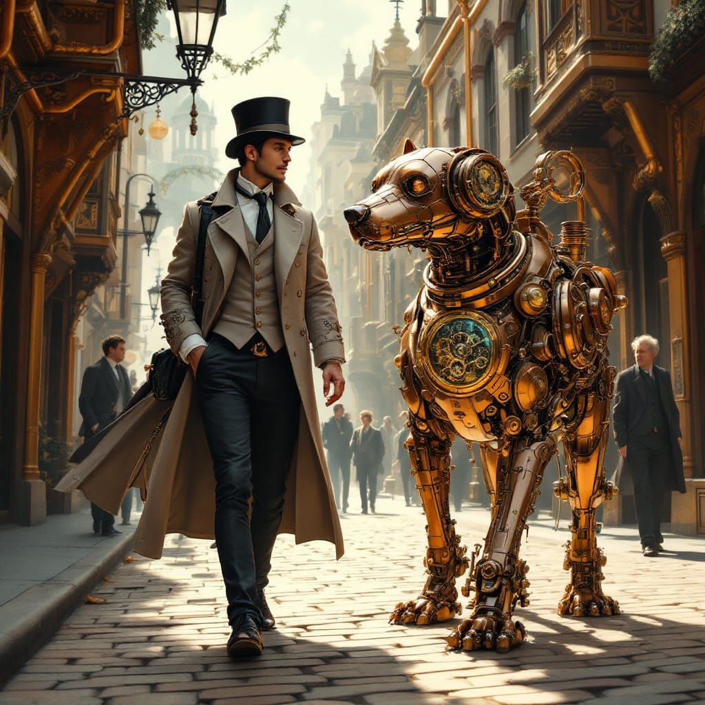 Steampunk Gentleman and Clockwork Dog in Ornate City