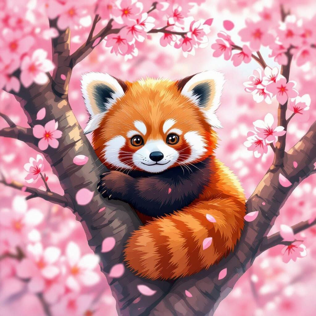 Cute Anime Red Panda in Cherry Blossom Tree