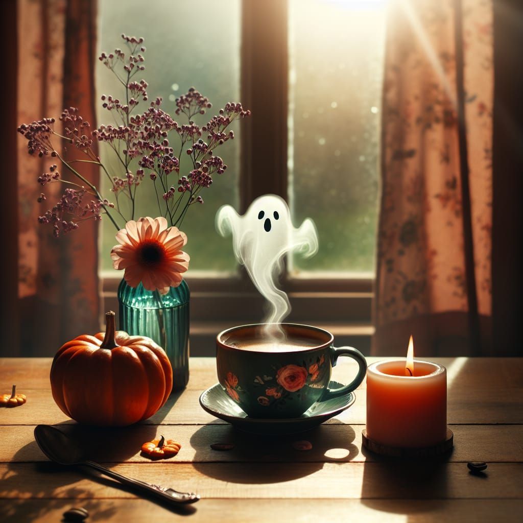Cozy Coffee Scene with Playful Ghost Apparition