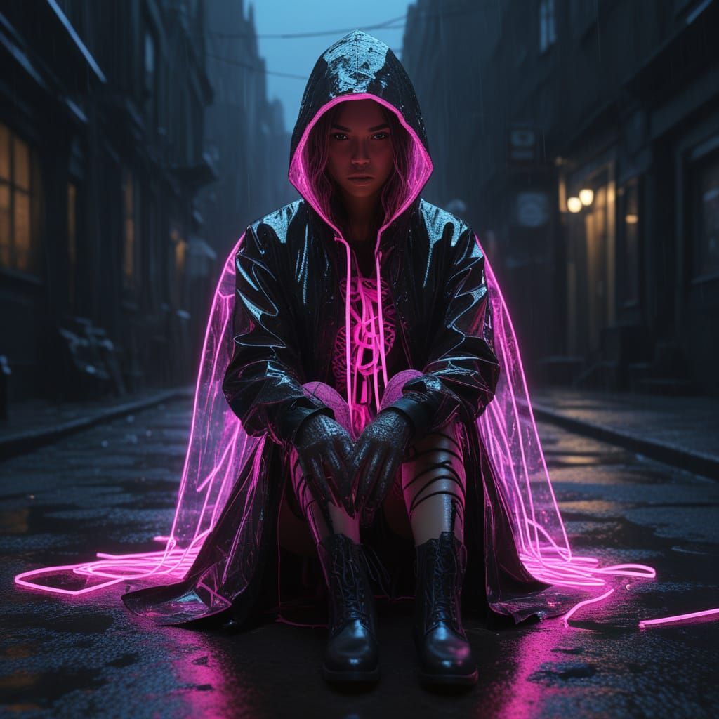 Hyperrealistic Girl of Pink Neon Light in Moody Darkness