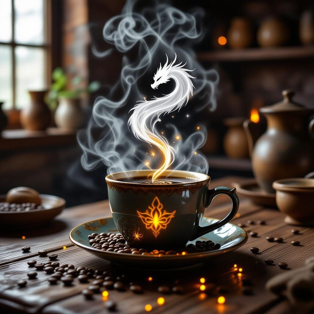 Dragon Steam Coffee Art in Cozy Kitchen