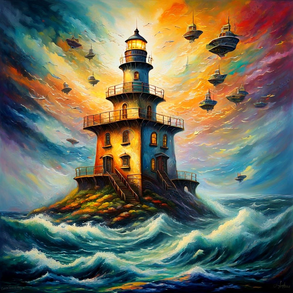 Surreal Lighthouse Watchtower with Flying Ships