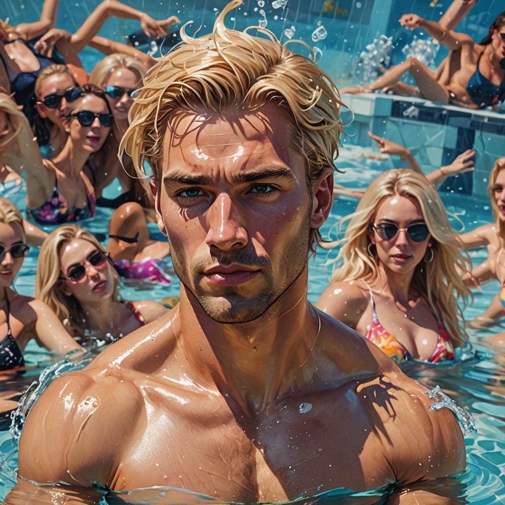 Hyperrealistic Image of Man with Women in Pool