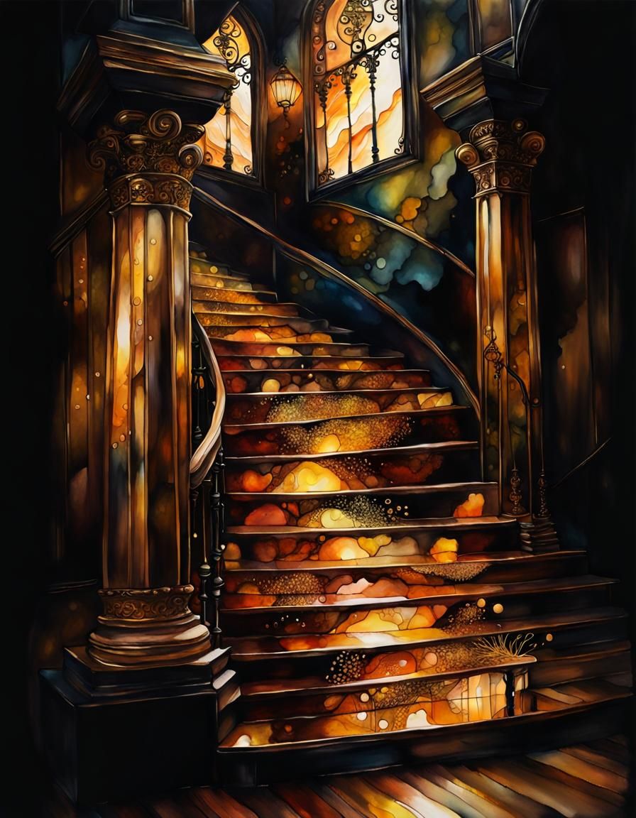 Golden Staircase in Alcohol Ink with Amber Light