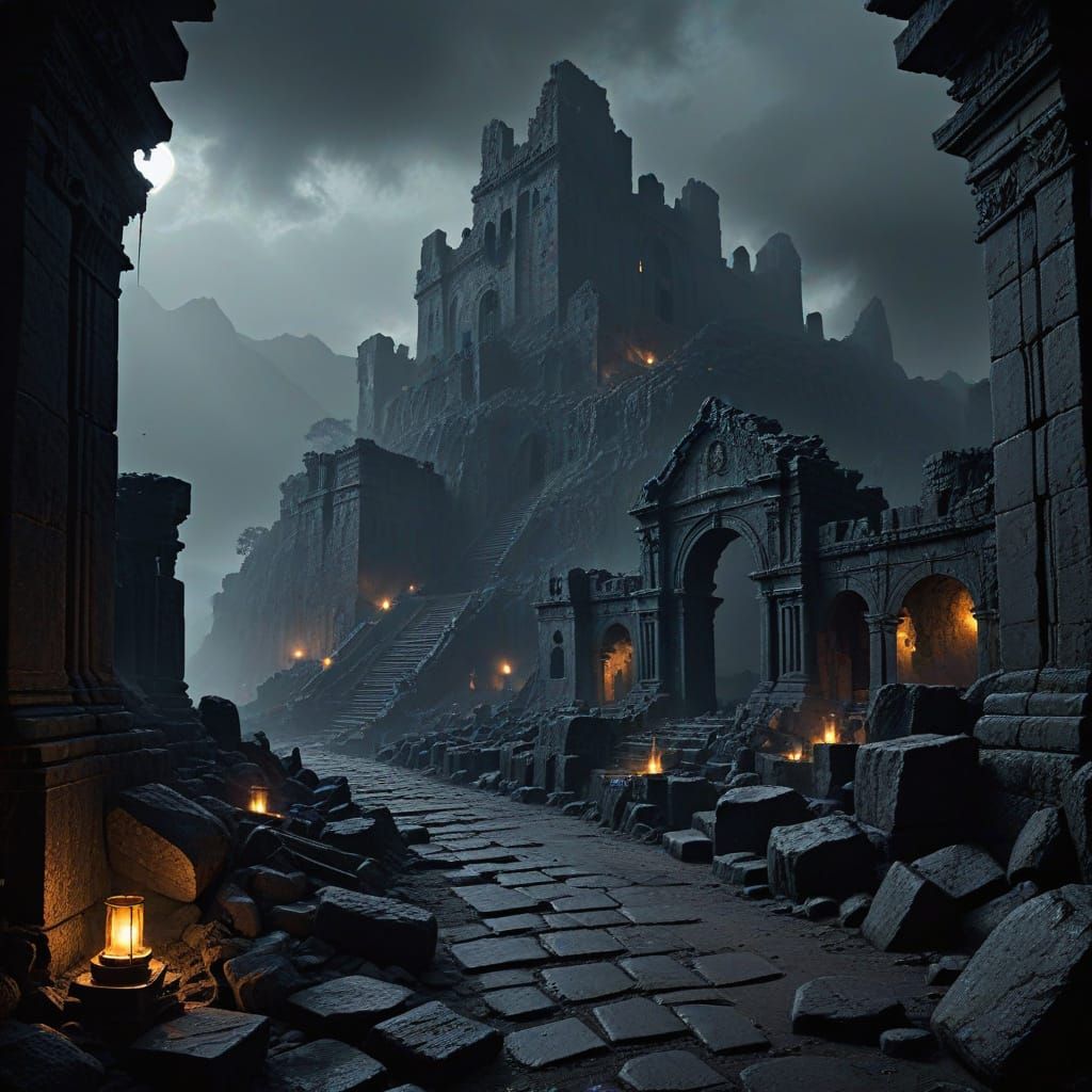 Lost City in Volcano Crater - Dark Fantasy Art