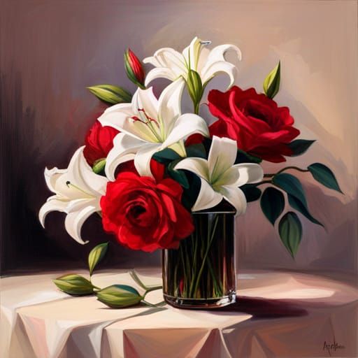 Classic Bouquet of Roses and Lilies as Oil Painting