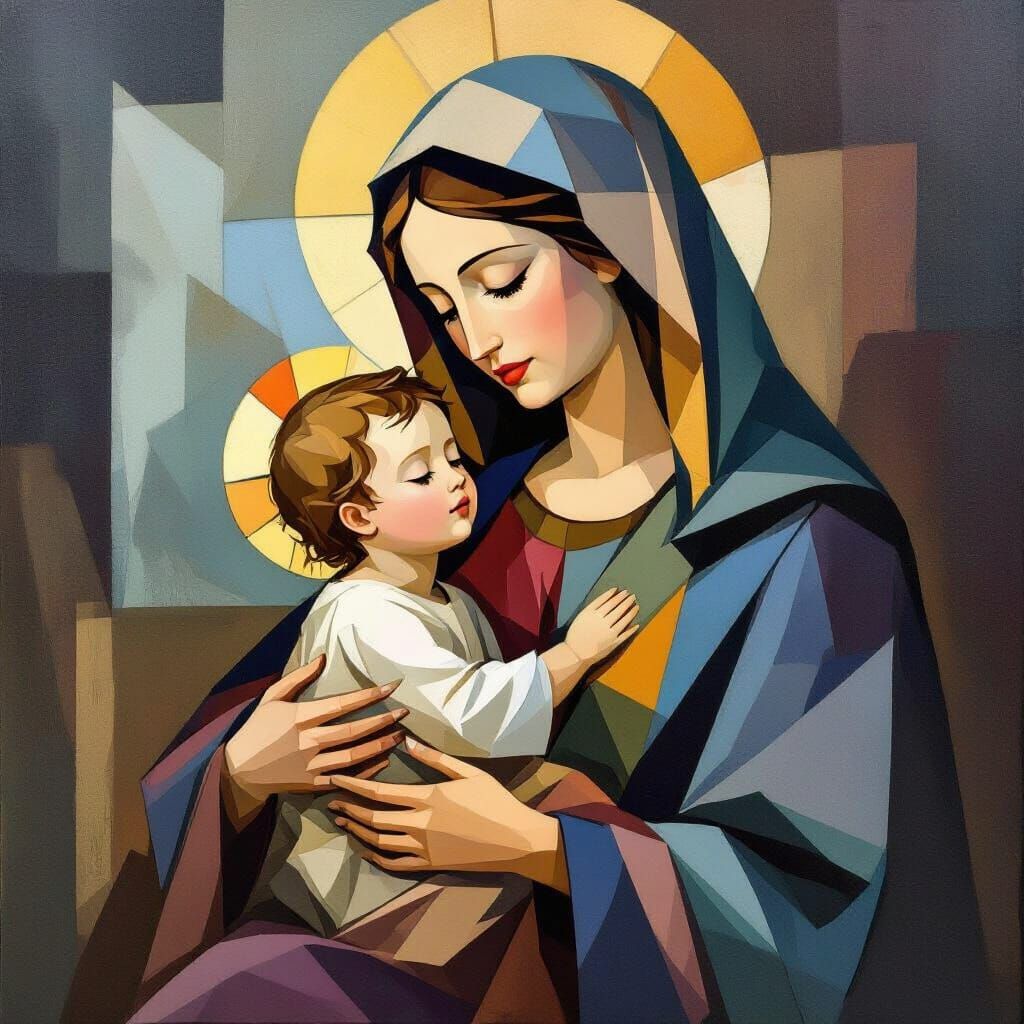 Abstract Cubist Mary and Child in Geometric Style