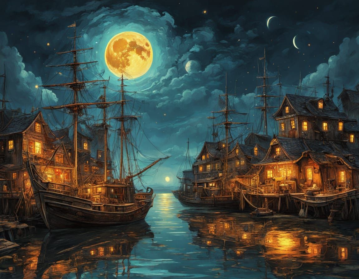 Creepy Pirates on Ghost Ship: Surreal Harbor Scene